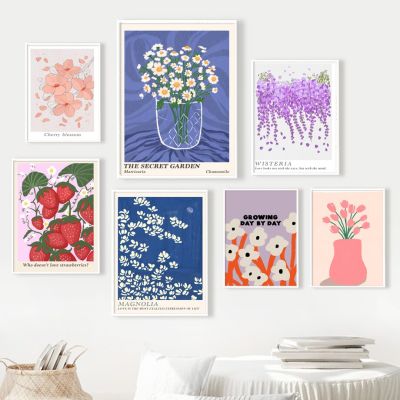 Cherry Blossom Tulips สตรอเบอร์รี่ดอกไม้แจกัน Wall Art ภาพวาดผ้าใบโปสเตอร์และภาพพิมพ์สำหรับตกแต่งห้องนั่งเล่น-สวยงามและสง่างาม,เพิ่มสัมผัสธรรมชาติของบ้านของคุณ