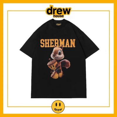 ✁Drew House เสื้อแขนสั้นลายกระรอก3D หน้ายิ้มแบรนด์ไฮสตรีทจัสตินบีเบอร์ทรงหลวมเสื้อยืดผ้าฝ้ายผู้ชาย