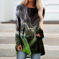 Autumn Women Vintage Geometric Smoke Printing Casual Loose Tshirts O-Neck 2022 Autumn New Color Block Patchworked T-Shirt
