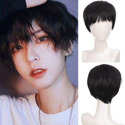 Men Short Anime Wig Black Blonde Synthetic Wigs With Bangs For Boy Cosplay Costume Halloween Party