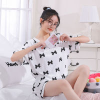 New Korean Pajamas for Women New Summer Leaves Heart Print Pyjamas Girls Loose Pijamas V-neck Sleepwear Sets 2 Piece Home Suit