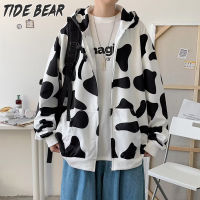 TIDE BEAR เสื้อคาร์ดิแกนลายวัวบางทรงหลวมสไตล์เสื้อกันหนาวมีฮู้ดของผู้ชายเสื้อแจ็คเก็ตลำลองอินเทรนด์