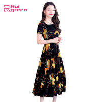 Women Spring Summer Dress Mid Length Printed Short Sleeve Pleated Dress