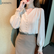 AMMIN autumn new women s V-neck lace chiffon shirt Korean style fashion