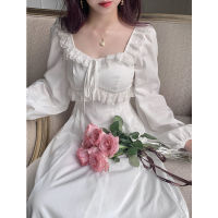 QWEEK Vintage Elegant Fairy Princess White Lace Dress Woman French Retro Square Collar Designer Slim Dress 2021 Autumn Clothes