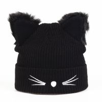 No Brand 2018 New Women Winter Harajuku Woolen Knitting Beanie Devil Horns Black Cat Ear Crochet Braided Knitted Fur Cap Cute Girls Hat