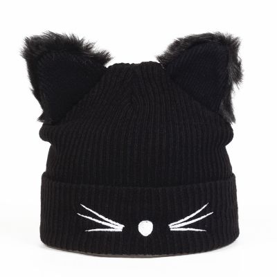 No Brand 2018 New Women Winter Harajuku Woolen Knitting Beanie Devil Horns Black Cat Ear Crochet Braided Knitted Fur Cap Cute Girls Hat