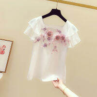 Tshirt Woman  Spring Summer New Sweet Hand Embroidery Flowers Ruffle Sleeve T-shirt Womens Casual White T-shirts Tees Tops