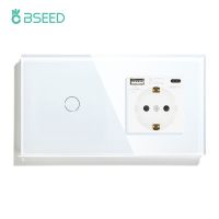 ﺴ❂ BSEED Touch Switch 1/2/3 Gang 1 Way EU Standard Wall Socket With USB Type-C Electric Plug Crystal Glass Panel 157mm 228mm