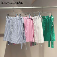 Kuzuwata Japanese 2022 Spring Summer New Women Jupes Simple Solid Striped slim waist Button Belt Skirts Commute Mujer Faldas