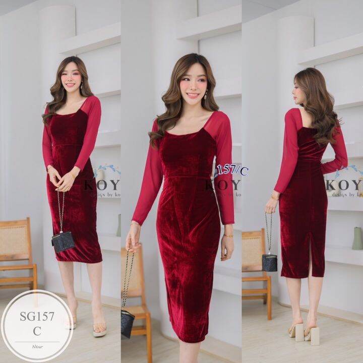 ml157-dress-เดรสกำมะหยี่คอเหลี่ยมงานไฮโซมากๆ-สวยหรูดูแพงชุดนี้เลย-แขนยาว-ผ่าชายด้านหลัง-เนื้อผ้ากำมะหยี่-เดรสไฮโซเก๋มากจะใส่ไปปาร์ตี้งานแต่งงานบุญไปได้หมดเลยค่ะ-เนื้อผ้ากำมะหยี่ผ้าสวยหรู-คุณพระแบบใหม่