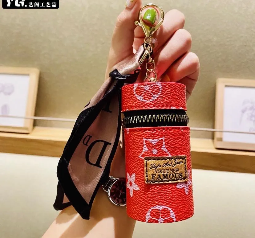 Women Luxury Leather Bucket Lipstick Bag Keychain Exquisite Personality  Storage Bag Pendant Accessories Key Ring Gift Creative