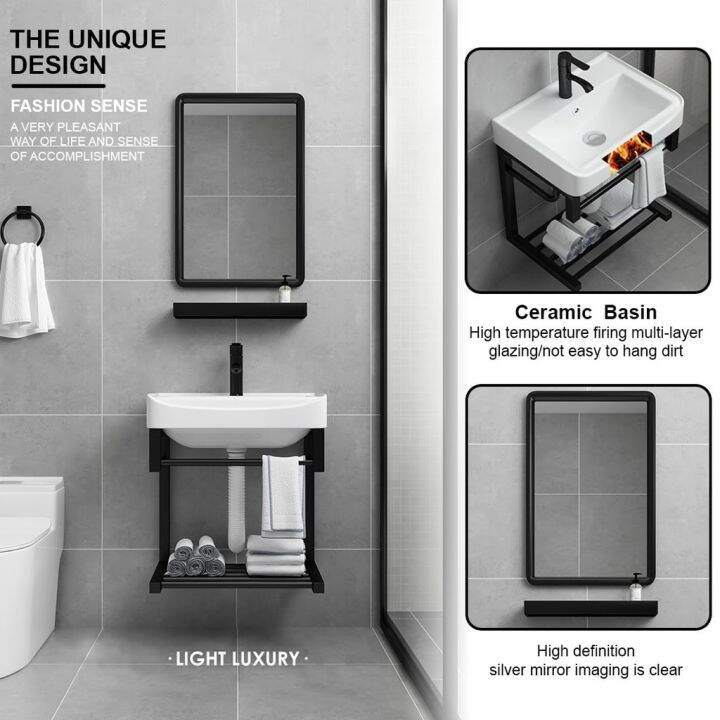 Aluminium Bathroom Basin Ceramic Sink With Round Mirror, Glass