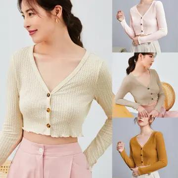 Waffle Knitted Drop Shoulder Top Cardigan Button Front Crop Top Longsleeves