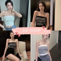 DD SHOPพร้อมส่ง 5275 เสื้อเกาะอกไหมพรม ผ้านิ่มลายทางใส่สบายน่ารักเกาหลีมาก