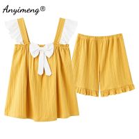 Women Pajamas Summer Shorts Kawaii Pajama Lovely Bow Front Sleeveless Pijamas Two Piece Set Summer Cotton Homewear New Sleepwear