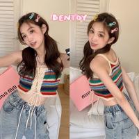 เสื้อกล้ามหญิง เสื้อแฟชั่นผญ เสื้อสายเดี่ยว Bentoy(2200)เสื้อสายเดี่ยวไหมพรม ลายทางสีรุ้ง ดีเทลหน้าอกเป็นสายผูก สามารถรูดได้ น่ารักมาก