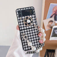 (ร้อน) หรูหรา Houndstooth หนัง PU น่ารัก3D Camellia กรณีศัพท์สำหรับ S Amsung G Alaxy Z พลิก3 4 5กรัมปกคลุมด้วยสร้อยข้อมือมุกแบบพกพา