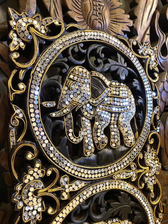 ช้างแกะสลัก-ไม้สักแกะสลัก-2-ชิ้น-ไม้สักแท้-สีโอ๊คดำ-ประดับกระจกสี-เดินเส้นทอง-ฝีมือคนไทย-90x35x3-cm-teak-wooden-carved-elephant-oak-color