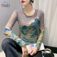 YIMEI เสื้อยืดผู้หญิงแขนยาวผ้าย้อมสีเนคไทตาข่ายเสื้อยืดแขนยาวพิมพ์ลายย้อนยุคคอกลมแฟชั่นแบบใหม่ในฤดูใบไม้ร่วงจากกวางโจว