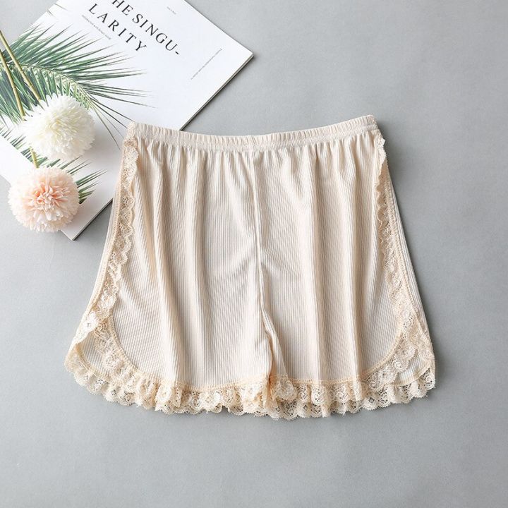 women-spring-summer-same-color-side-lace-safety-shorts-pants-sweet-loose-elastic-home-sleep-shorts-nightwear-bottom-thin-pajamas