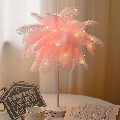 LED Feather Table Lamp With Remote Control Creative Bedside Night Light Girl Heart Tree Light Feather Lampshade Bedroom Decor Night Lights