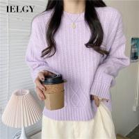 IELGY เสื้อสเวตเตอร์ Pullover สีทึบย้อนยุคสไตล์เกาหลีสำหรับผู้หญิง