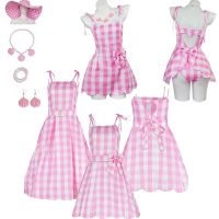 Movie Barbi Princess Pink Dress Cosplay Costume Pink Plaid Beach Skirt Outfit Halloween Party Stage Performance for Women Kids