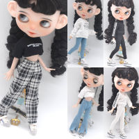 Blyth เสื้อผ้า Azone OB22 OB24 ตุ๊กตาอุปกรณ์เสริมแฟชั่นสั้น T สีดำสีขาวกางเกงยีนส์กางเกงลายสก๊อตของขวัญของเล่น-rfwerjhnbs