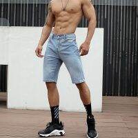 original Mr. Huis spring and summer new denim shorts mens English printed trendy brand casual slim wash five-point pants for men