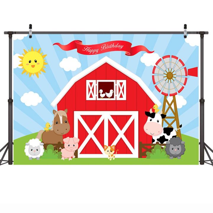worth-buy-ฉากหลังลายวันเกิดฟาร์มสำหรับเด็กภาพการ์ตูนรูปสัตว์ในฟาร์มสีแดงภาพพื้นหลังโรงนาวัวฉากพื้นหลัง