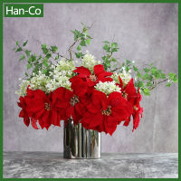 [Han-Co] 1ชิ้น32X17ซม. ดอก Poinsettia เทียมสาขาต้นไม้ปลอมตกแต่งตู้ปลาดอกไม้ผ้าไหมปลอมสำหรับในร่มกลางแจ้งต้นคริสต์มาสเครื่องประดับบ้าน