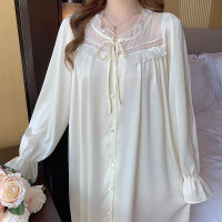 Pajamas Womens Sweet Ice Silk Solid Color Simple Sexy Princess Style Nightdress Long Sleeve High-Grade Home Wear