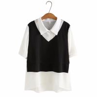 【มีไซส์ใหญ่】Plus Size False Two Pieces Summer Tops Women Short Sleeve White Black Patchwork Blouse Ladies Officewear A-line Blusas