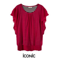 iCONiC PINK STRIP NET TOP #9048 เสื้อผญ ผ้ายืด ลายทาง ทรงหลวม ซ้อนตาข่าย ใส่ได้ตั้งแต่ S-XL ยาว24" เสื้อแฟชั่น เสื้อพิมพ์ลาย เสื้อไฮโซ เสื้อออกงาน