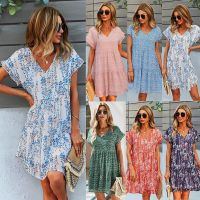 Women Summer Fashion Floral Dress V Neck Short Sleeve Loose Chic Printed Dresses vestidos para mujer robe femme chic et élégante