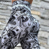 FCCEXIO Dollar Bills 3D พิมพ์เอวสูง Leggins ฟิตเนสเซ็กซี่ Leggings Tights วิ่งออกกำลังกายกางเกง Push Up Gym Leggings Jeggin...