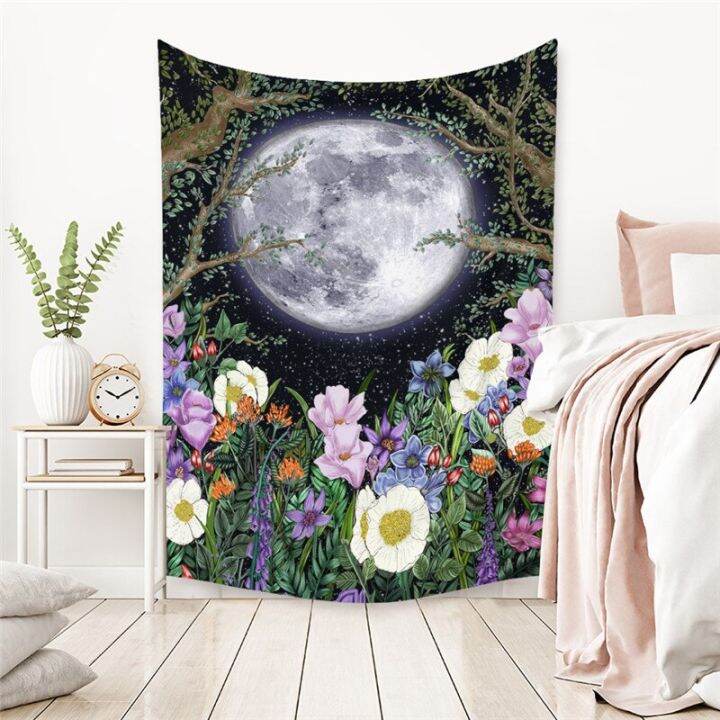 moon-tapestry-wall-hanging-boho-moonlit-plants-garden-tapestry-starry-night-carpet-black-background-floral-tapestry-decor