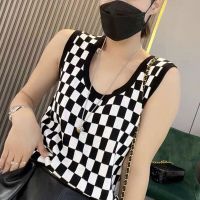 Womens Vest Checkerboard Plaid U-neck Threaded 2023 New Large Size Ladies Tops Casual Korean Sleeveless Female Tanks