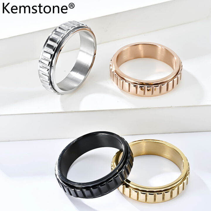 Kemstone Unisex Rotatable Ring Stainless Steel Black Rose Gold Silver