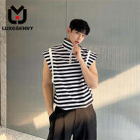 LUXE &amp; ENVY ขนาดเล็กคอสูงลายเสื้อกล้ามเสื้อกั๊กครึ่งซิปแขนกุดเสื้อกันหนาวเสื้อกล้ามบุรุษเสื้อผ้าจัมเปอร์ผู้ชาย...