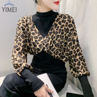 YIMEI เสื้อท่อนล่างแขนยาวคอสูงสำหรับผู้หญิง,เสื้อแขนยาวคอตตอนเสือดาวเสื้อยืดพิมพ์ลาย2023ฤดูใบไม้ร่วงแขนค้างคาว