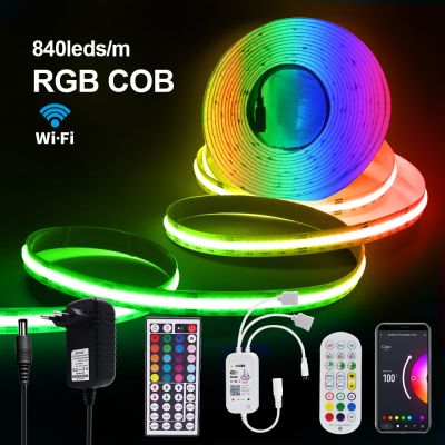 2ไฟ LED ข้าวโพด RGB แถบไฟ WIFI การควบคุมแอพพ์บลูทูธ840 Led/m ความหนาแน่นสูงที่มีสีสัน FCOB ไฟด้านหลังทีวีเทป LED 12V 24V