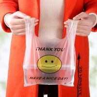 50pcs cute smiley thank you shopping bag cartoon smiley transparent plastic bag handle packaging shopping retail food