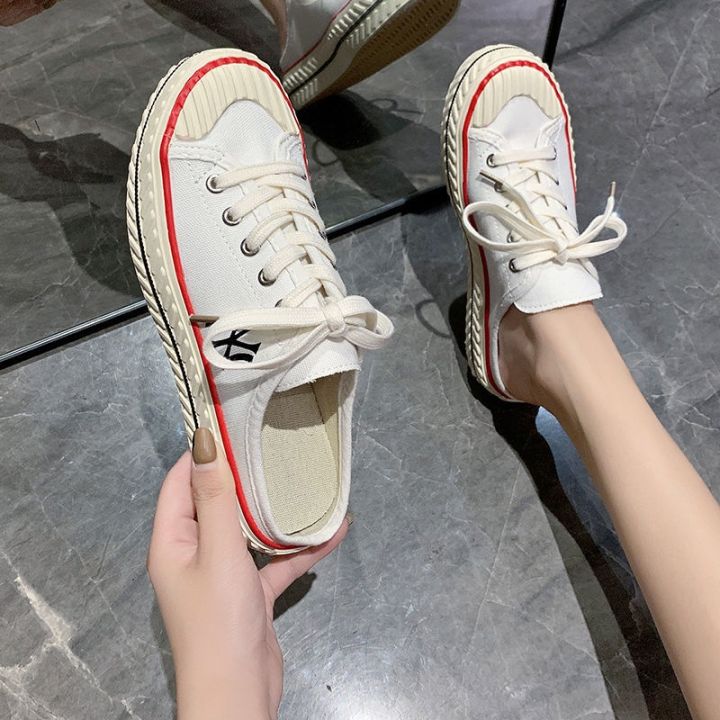 เกาหลี-mlb-รองเท้าผ้าใบรองเท้าแตะครึ่งด้วงรองเท้าล่อผ้าใบแบน-mua