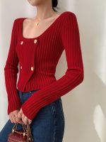 【HOT】 ins red U-neck sweater womens spring 2023 new slim short long-sleeved top