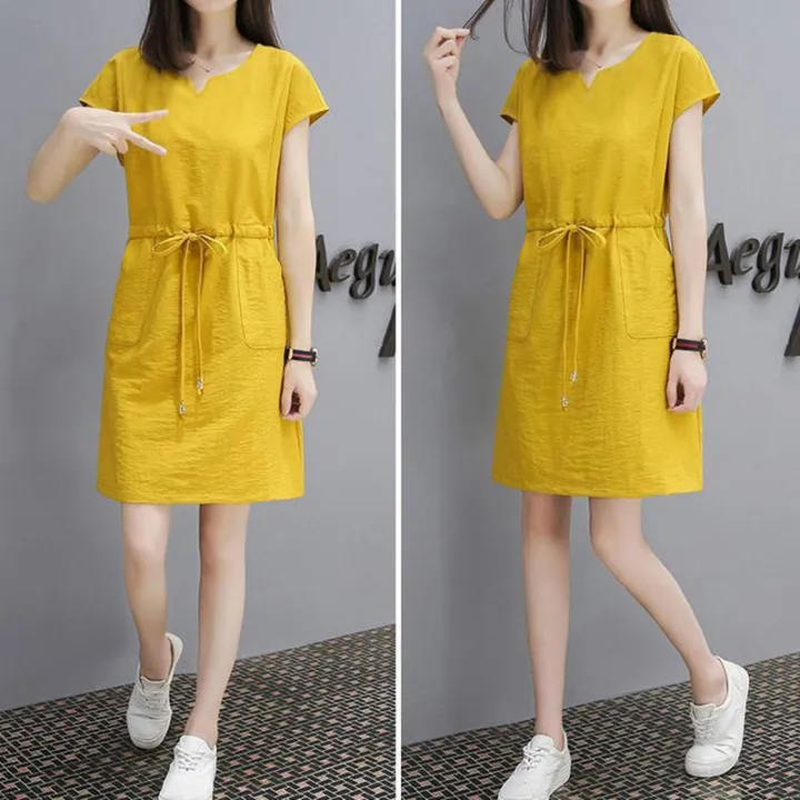 women-short-sleeve-loose-v-collar-lacing-dress-for-summer-wear