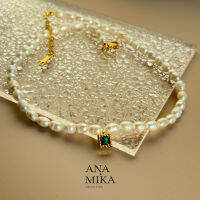 Pearl Choker Green Cubic Zircon/สร้อยมุกน้ำจืด ทรงธรรมชาติ