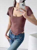 2023 Summer Hot Girl Square Collar Bag Shoulder Short-sleeved T-shirt With Clavicle Exposed Tight-fitting Irregular Top