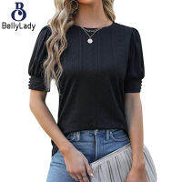 90% Polyester+10% Spandex Women Fashion Puff Sleeve Solid Color Hollow T-shirt Top【fast】